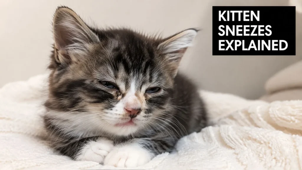 My Kitten Keeps Sneezing: What to Do and When to Worry Kitten with watery eyes resting on a blanket, illustrating common causes and symptoms of kitten sneezing.