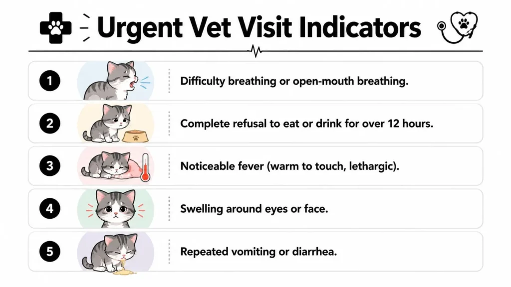 My Kitten Keeps Sneezing: What to Do and When to Worry Infographic listing urgent kitten symptoms requiring a vet visit, including breathing issues, fever, swelling, and vomiting.