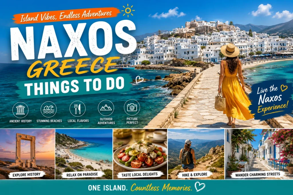 Traveler exploring Naxos, Greece, with whitewashed villages, turquoise beaches, historic landmarks, and scenic views.