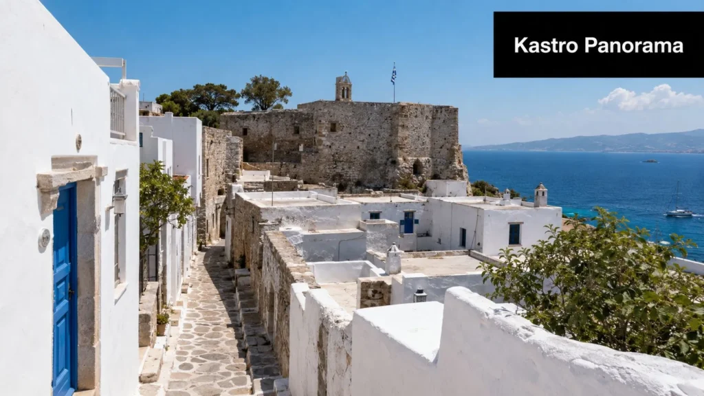 Kastro Panorama in Naxos, Greece, with whitewashed buildings, stone pathways, historic fortress, and sea views.