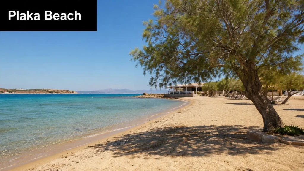 Plaka Beach in Naxos, Greece, with golden sand, turquoise water, shady trees, and a peaceful seaside view.