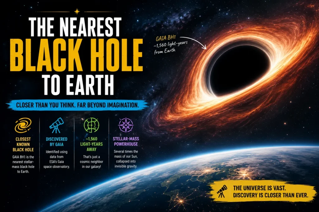 Illustration of the nearest black hole to Earth with a glowing accretion disk above Earth and deep space backdrop.