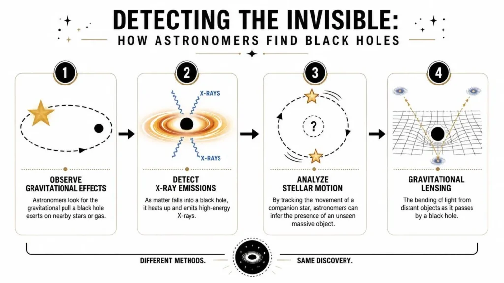 Infographic showing four methods astronomers use to detect black holes: gravity, X-rays, stellar motion, and lensing.