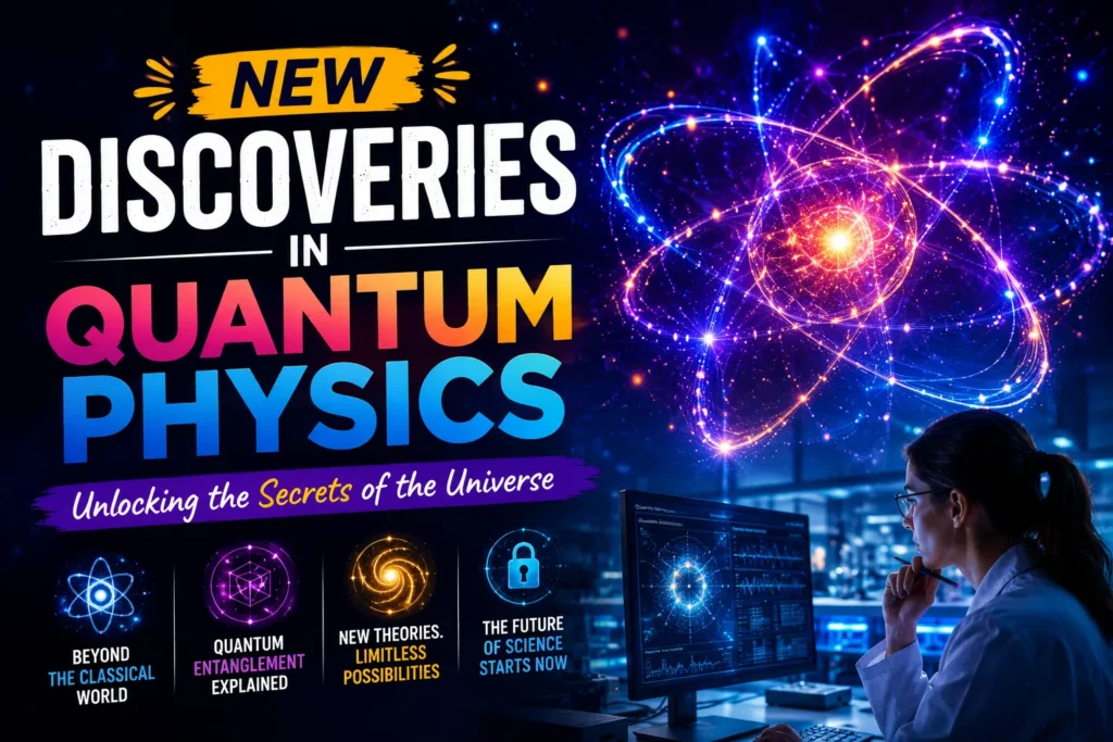 Scientist studying a glowing quantum atom in a futuristic lab, highlighting new discoveries in quantum physics.