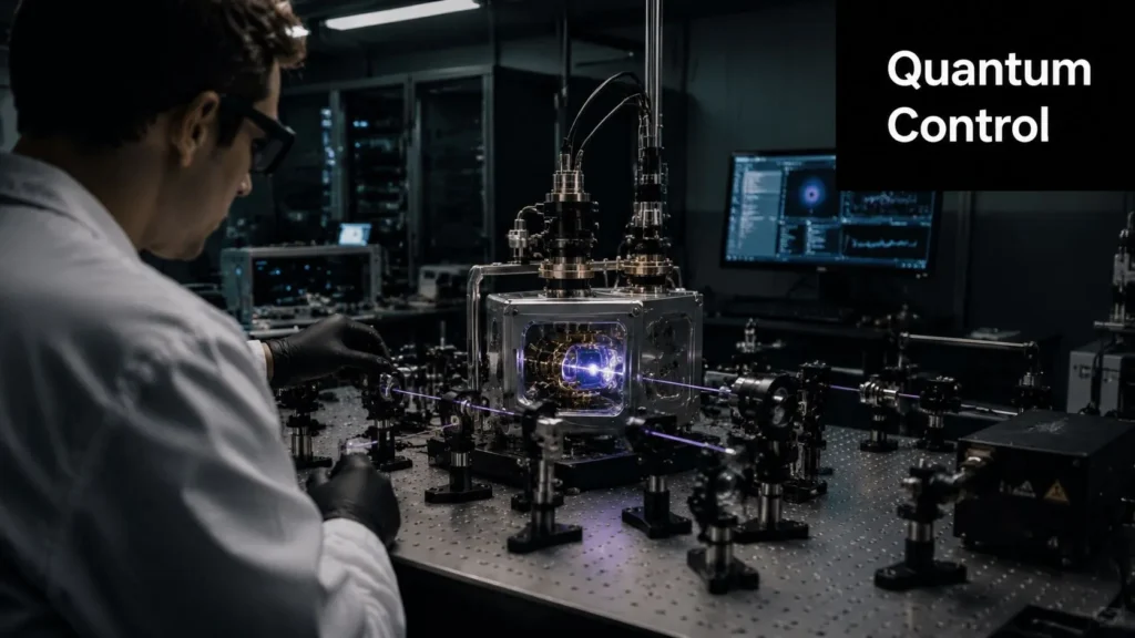 Unveiling New Discoveries In Quantum Physics Scientist operating advanced quantum optics equipment in a laboratory, demonstrating quantum control research.