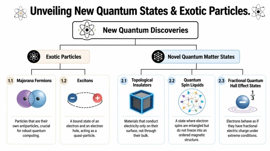 Unveiling New Discoveries In Quantum Physics Quantum physics infographic highlighting exotic particles, topological insulators, spin liquids, and quantum Hall states.