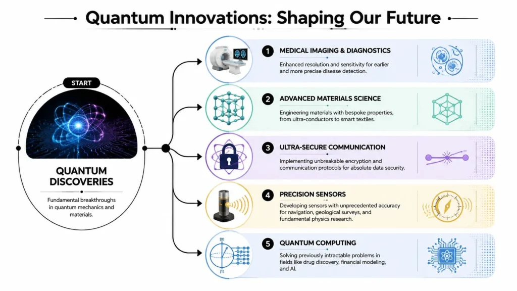 Unveiling New Discoveries In Quantum Physics Quantum innovations infographic showing applications in medical imaging, materials science, secure communication, sensors, and computing.