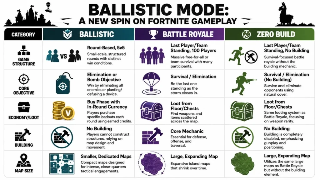 New Fortnite Game Mode: Ballistic Guide 2026 Fortnite Ballistic comparison chart contrasting Ballistic, Battle Royale, and Zero Build gameplay modes and features.