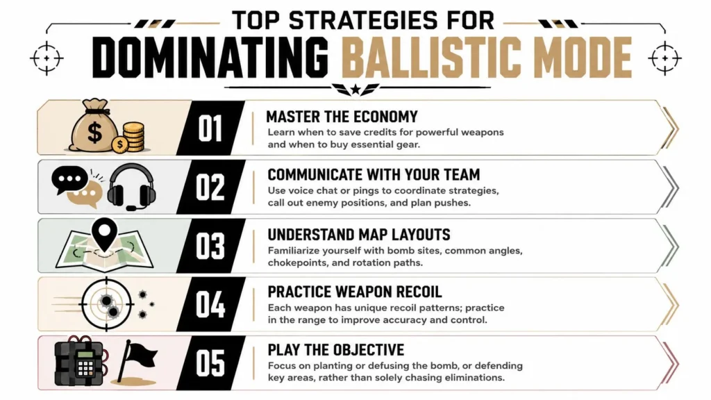 New Fortnite Game Mode: Ballistic Guide 2026 Fortnite Ballistic strategy infographic highlighting economy management, teamwork, map knowledge, recoil control, and objectives.