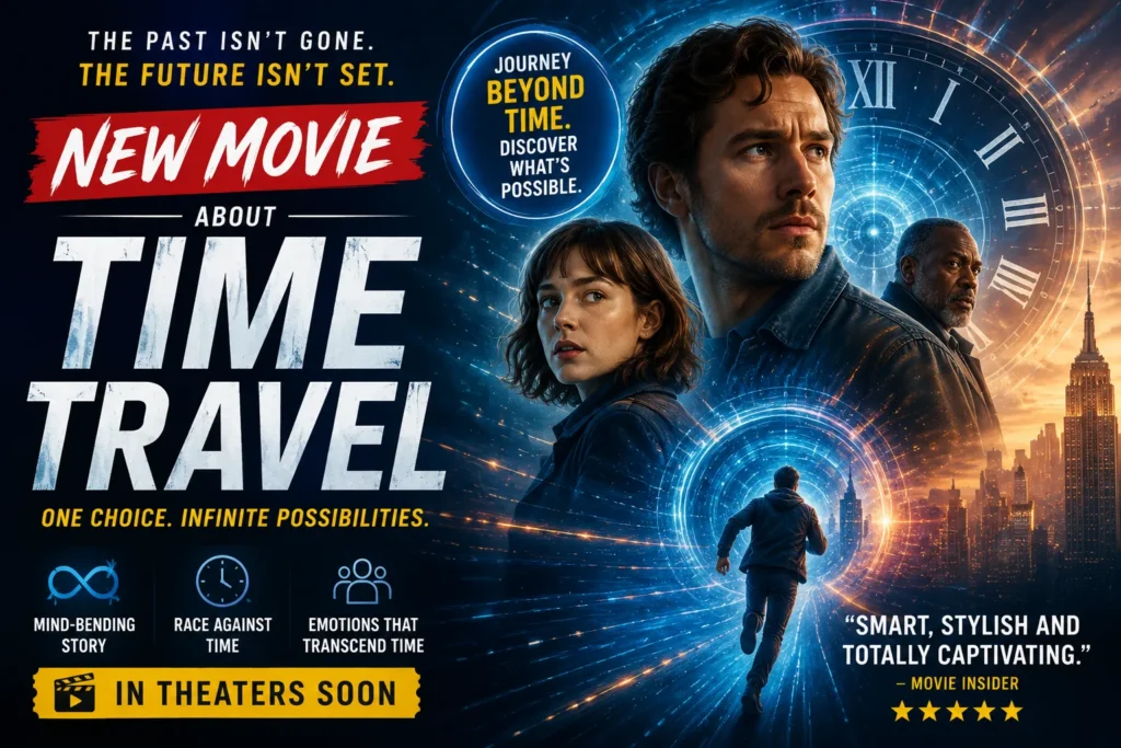 That New Movie About Time Travel: A Complete Guide Sci-fi time travel movie poster with glowing portal, futuristic city skyline, and heroes racing through time.