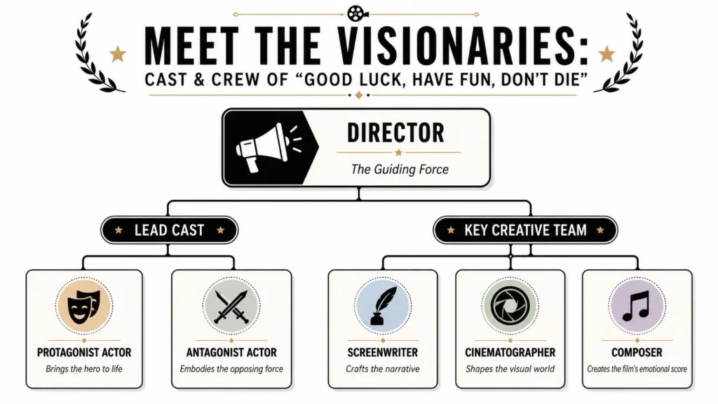 That New Movie About Time Travel: A Complete Guide Infographic showing film cast and crew roles, including director, actors, screenwriter, cinematographer, and composer.