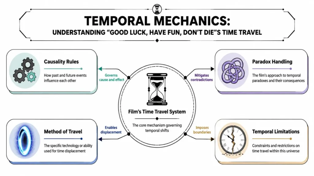 That New Movie About Time Travel: A Complete Guide Infographic explaining a fictional time travel system, covering causality, paradoxes, travel methods, and limitations.