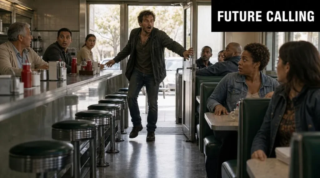 That New Movie About Time Travel: A Complete Guide People in a diner react with surprise as a man rushes through the doorway beneath a “Future Calling” title banner.