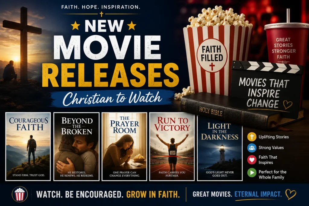 Christian movie releases poster featuring faith-based films, a cross, Bible, popcorn, and inspiring family-friendly stories.