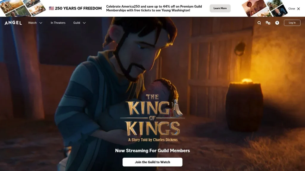 Animated film poster for "The King of Kings" showing a bearded man holding a baby in a warmly lit stable.