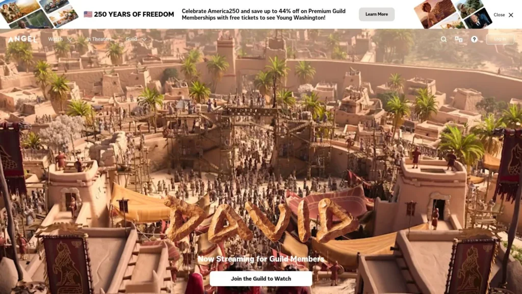 Animated film poster for "David" showing a bustling ancient city with crowds, palm trees, and desert architecture.