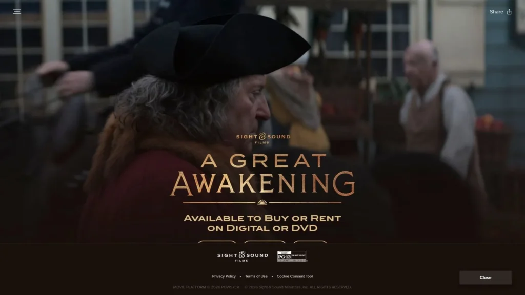 Promotional image for the historical drama "A Great Awakening" featuring a colonial-era figure in a town setting.