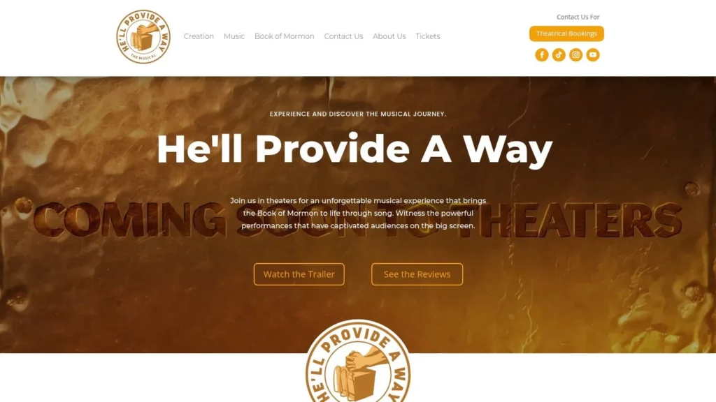 Christian musical film website banner for "He'll Provide A Way" with theater release promotion and trailer links.