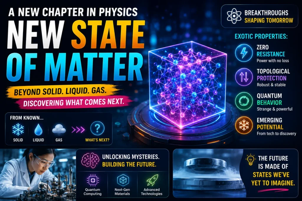 Futuristic science infographic exploring a new state of matter with quantum materials, glowing particles, and discoveries.