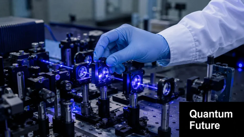 New State of Matter: Beyond Solid, Liquid, and Gas Scientist adjusting laser optics in a quantum research lab, illustrating advanced experiments and future technologies.