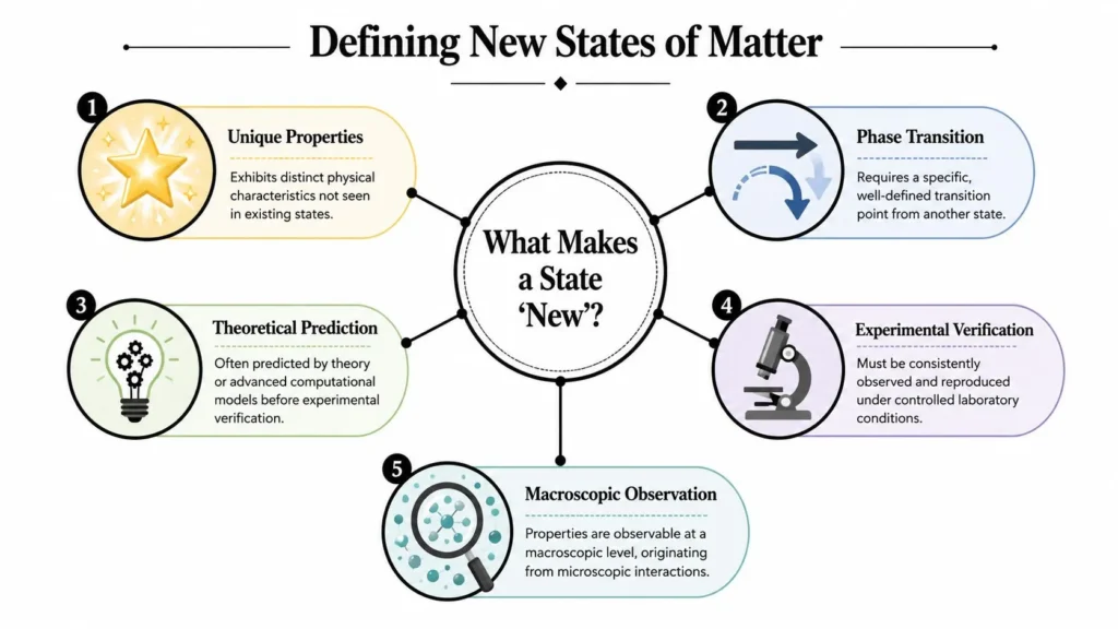 New State of Matter: Beyond Solid, Liquid, and Gas Infographic explaining criteria for defining new states of matter, including properties, phase transitions, theory, and experiments.