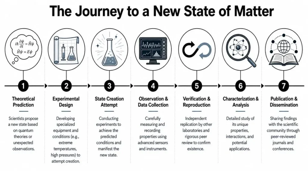 New State of Matter: Beyond Solid, Liquid, and Gas Infographic outlining the scientific process of discovering a new state of matter, from theory to publication.