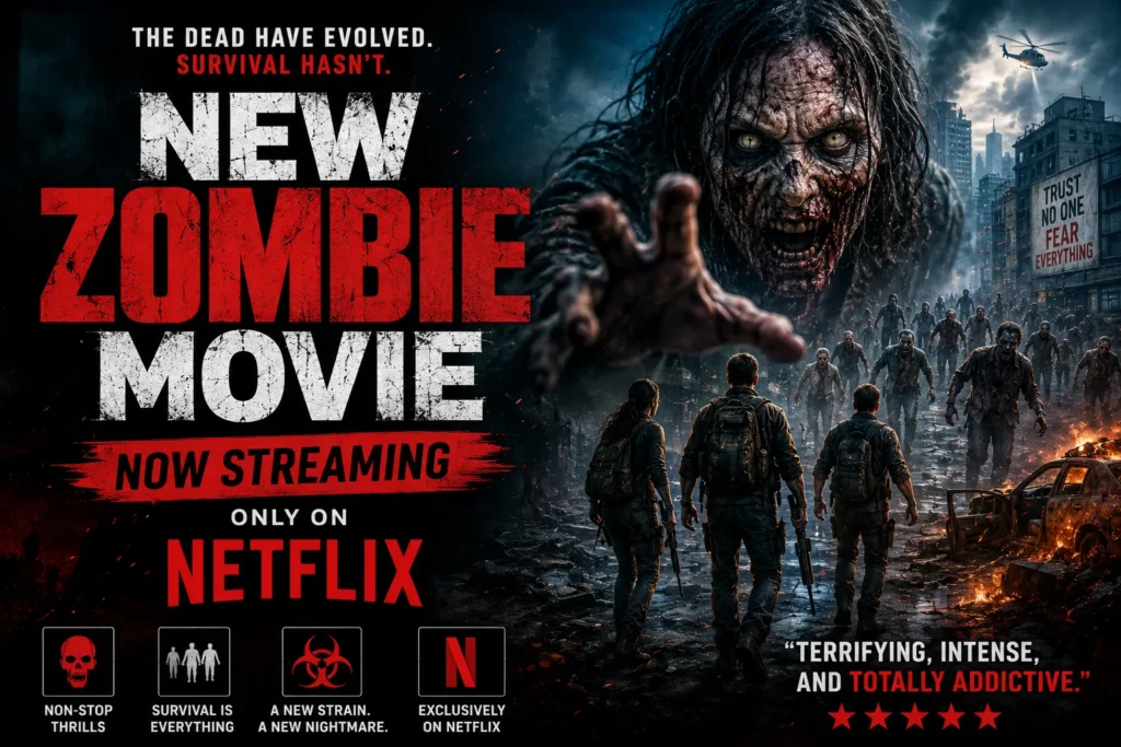Zombie movie poster featuring survivors facing a massive undead horde in a dark post-apocalyptic cityscape.