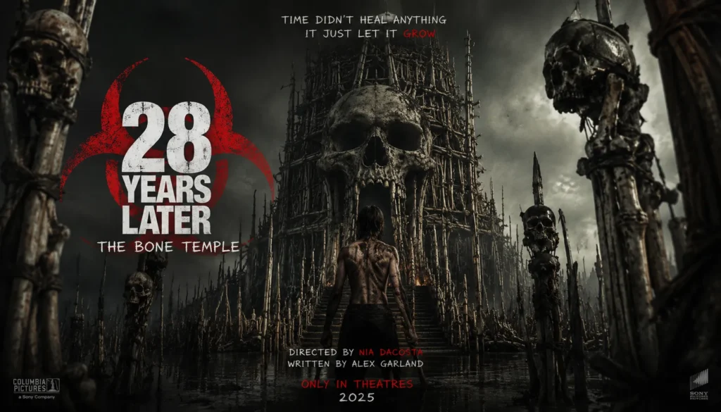 Post-apocalyptic horror poster featuring a lone survivor facing a towering skull-shaped bone temple in a dark wasteland.