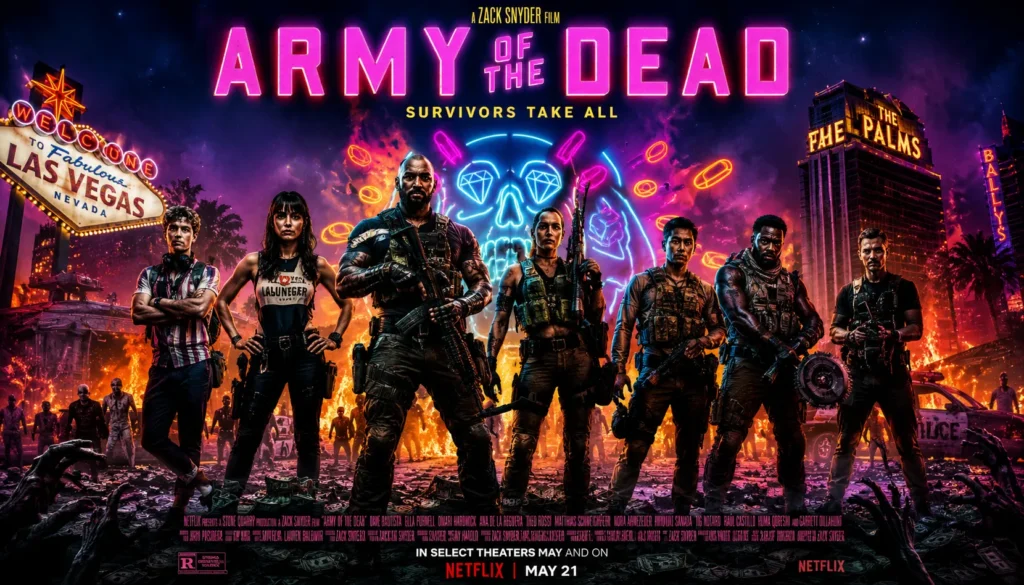 Zombie heist action poster featuring armed survivors facing a massive undead horde beneath neon-lit city ruins.