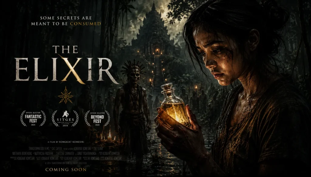 Woman holding a glowing elixir in a dark jungle temple, surrounded by mysterious figures and ancient ruins.