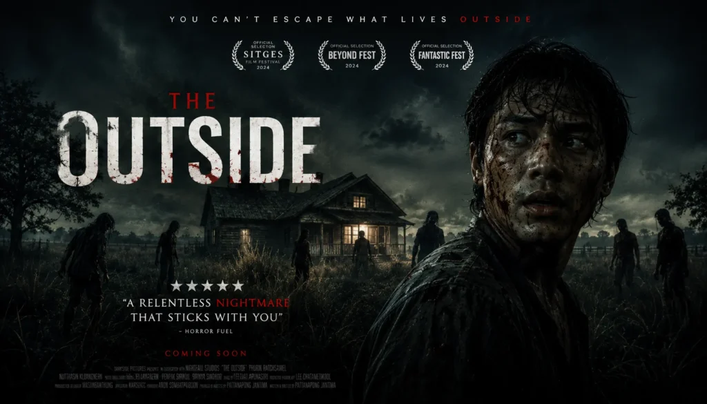 Dark psychological horror poster showing a distressed man in a decaying house, surrounded by eerie shadows and fear.