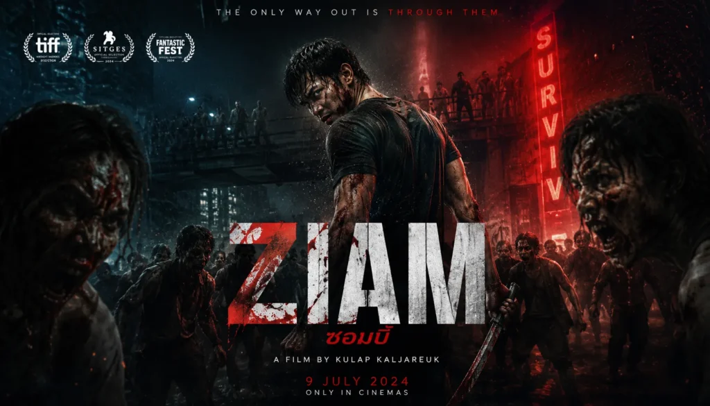 Zombie action-horror movie poster showing survivors battling the undead in a ruined city under a fiery, storm-filled sky.