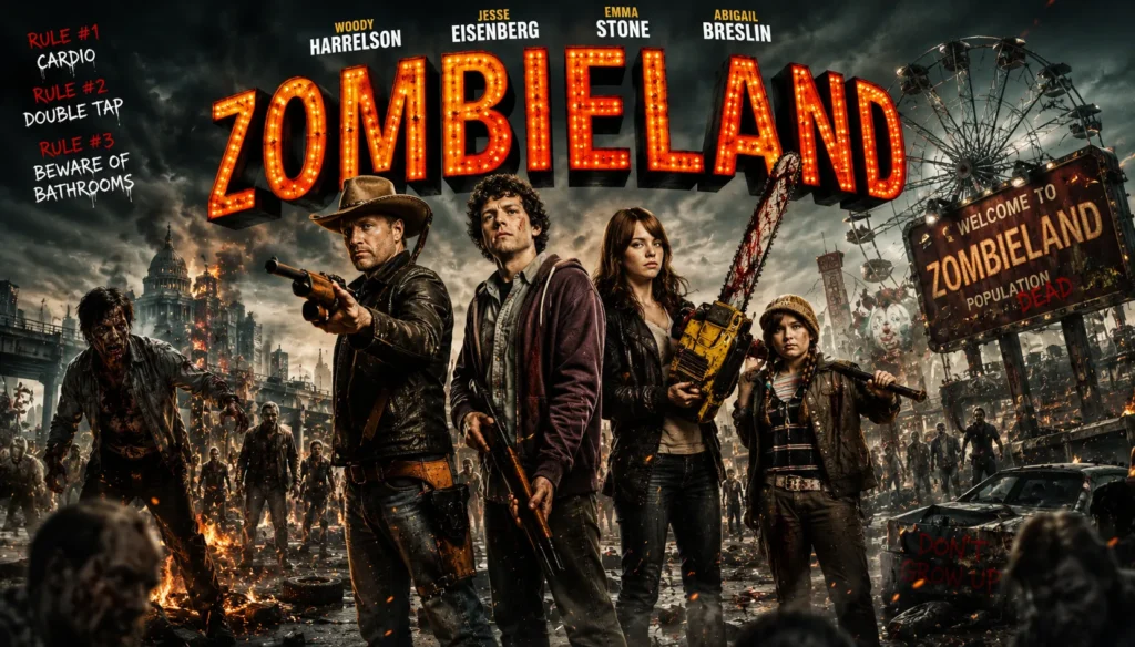 Action-comedy zombie poster featuring four armed survivors standing amid chaos, zombies, fire, and a ruined amusement park.