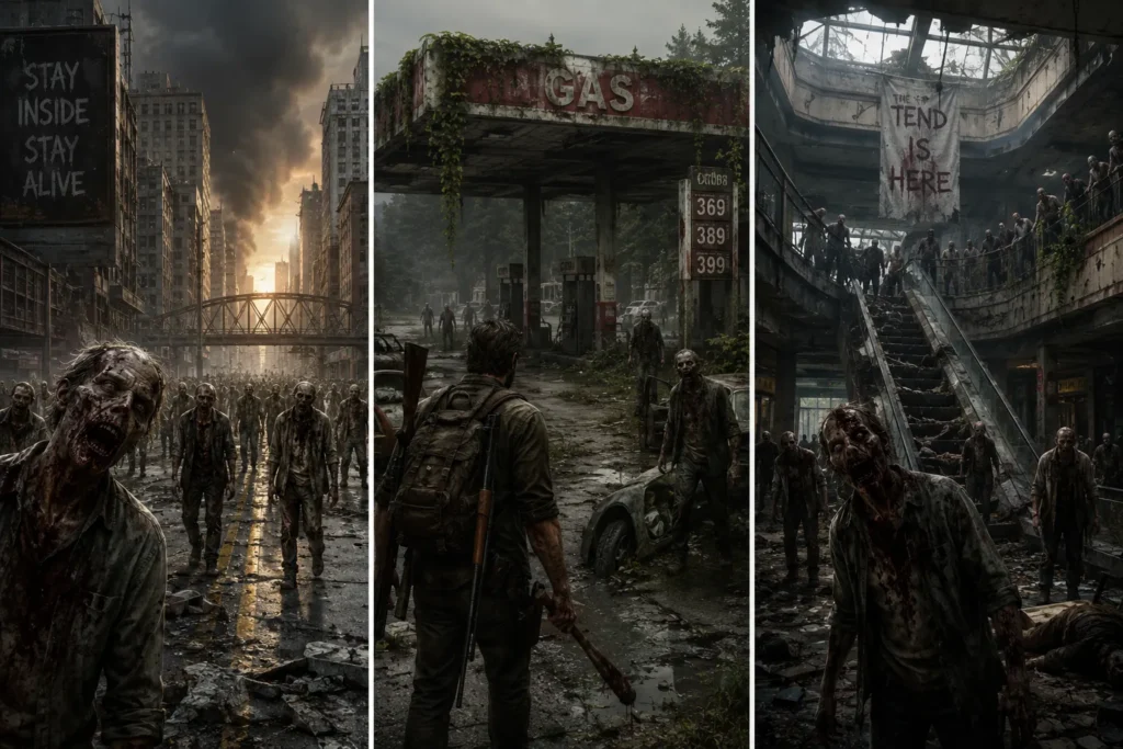 Zombie apocalypse triptych showing undead hordes in a ruined city, abandoned gas station, and collapsing mall.