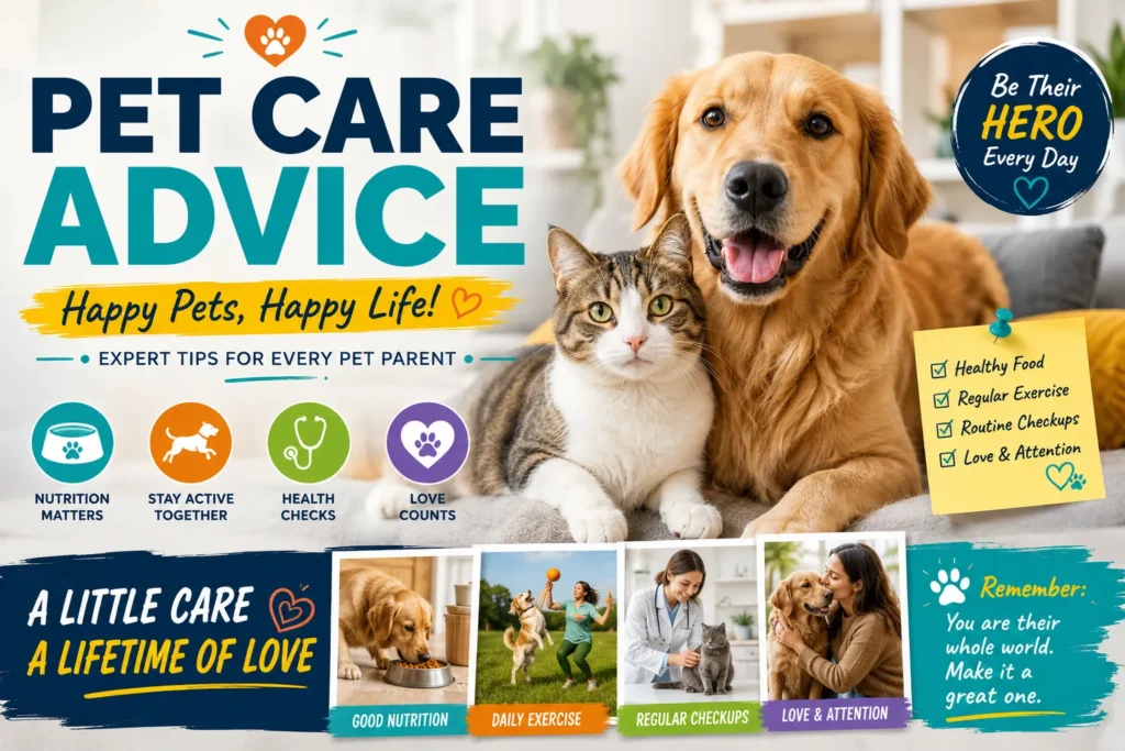 Golden Retriever and tabby cat relaxing together on a couch with pet care tips for nutrition, health, and exercise.