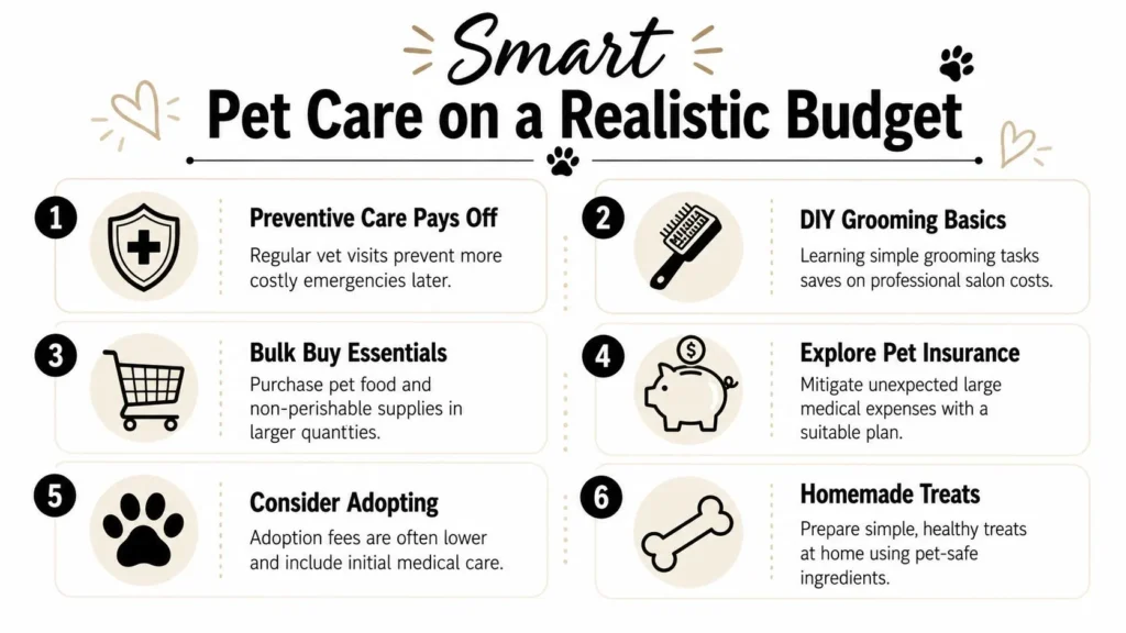 Infographic with budget-friendly pet care tips, including preventive care, DIY grooming, pet insurance, and adoption.