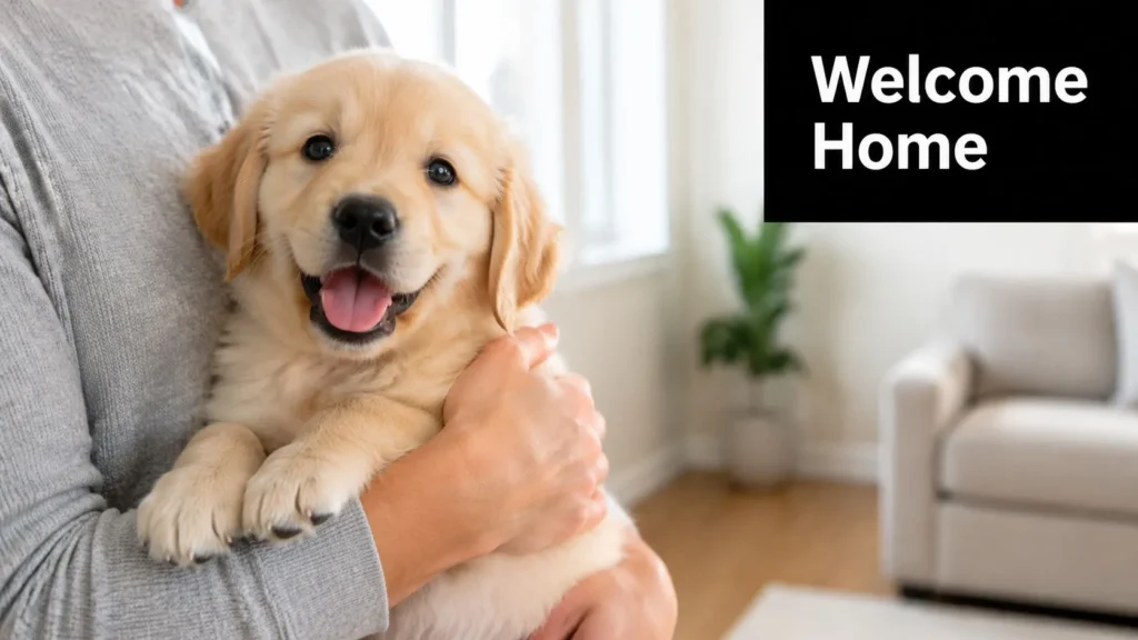 Golden Retriever puppy smiling while being held indoors, symbolizing a warm welcome and a happy new home.