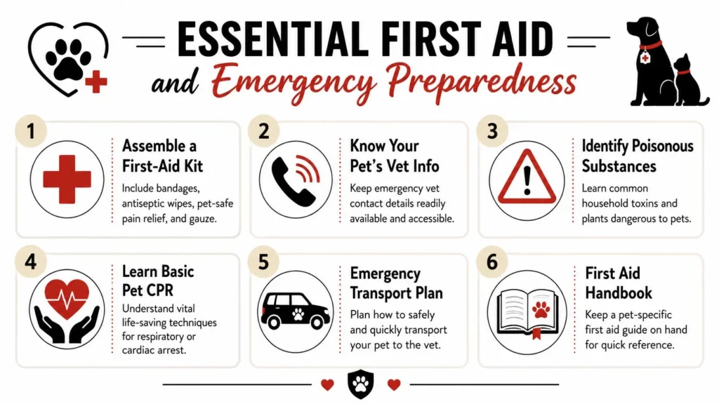 Infographic on pet first aid and emergency preparedness, covering kits, CPR, toxins, vet contacts, and transport plans.