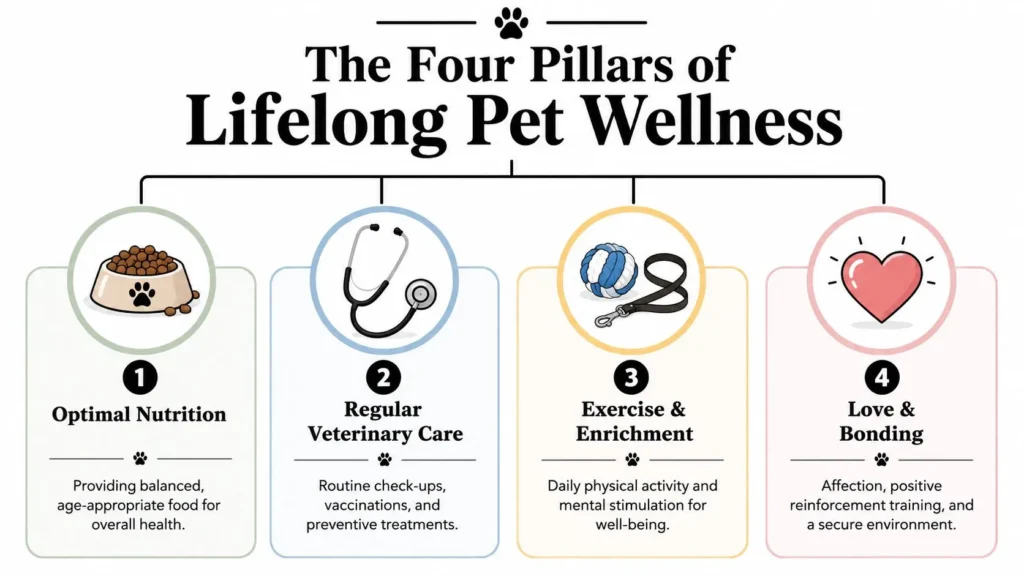 Infographic showing four pillars of pet wellness: nutrition, veterinary care, exercise, enrichment, and bonding.