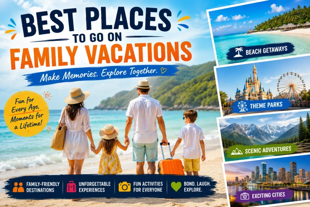 Family walking along a tropical beach, highlighting the best places for unforgettable family vacations and adventures.