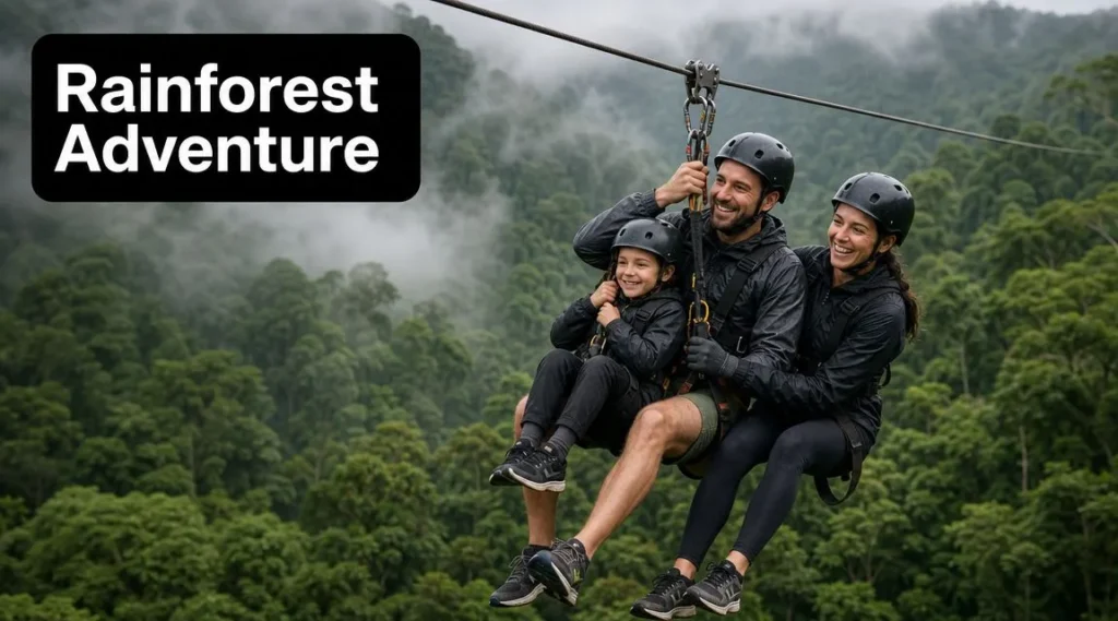 10 Best Places to Go on Family Vacations for 2026 Family ziplining through a lush rainforest canopy, enjoying an exciting outdoor adventure in a tropical setting.