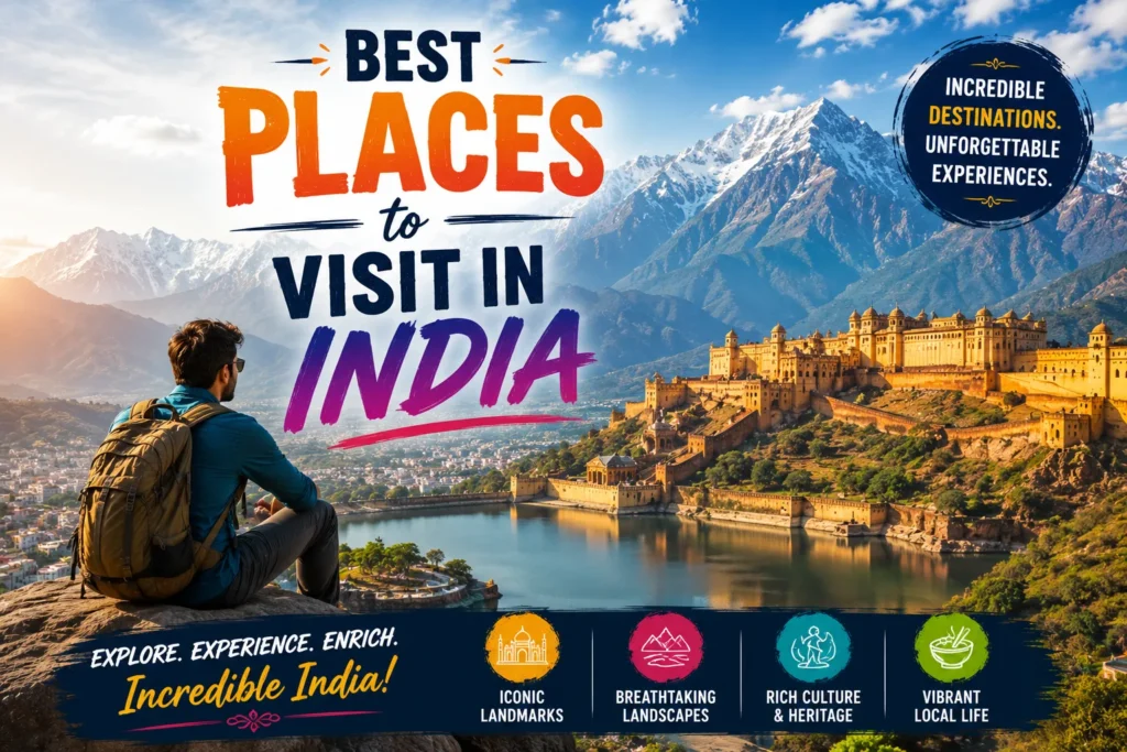 Man overlooking a majestic Indian palace and Himalayan mountains, showcasing the best places to visit in India.