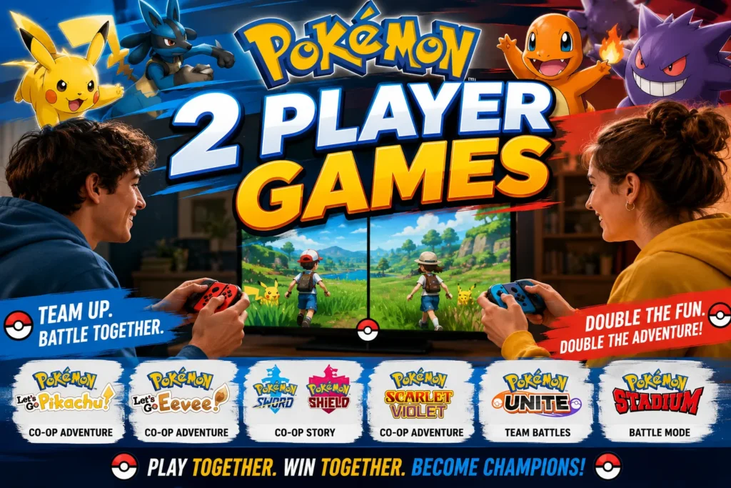 Two friends playing a creature-collecting adventure game together, featuring colorful fantasy creatures and co-op gameplay.