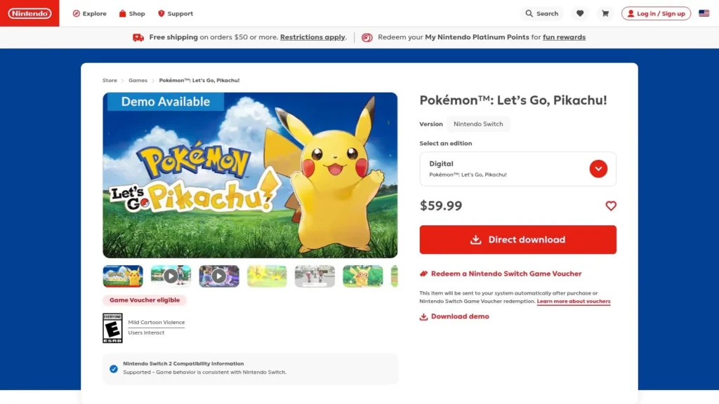 Top 7 Pokemon 2 Player Games: A 2026 Guide Nintendo eShop page for Pokémon: Let’s Go, Pikachu! showing game details, price, and download options.