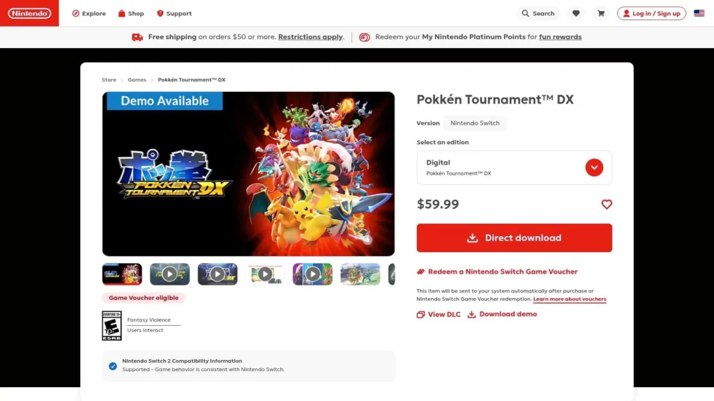 Top 7 Pokemon 2 Player Games: A 2026 Guide Nintendo eShop page for Pokkén Tournament DX on Switch, featuring game artwork, price, and download options.