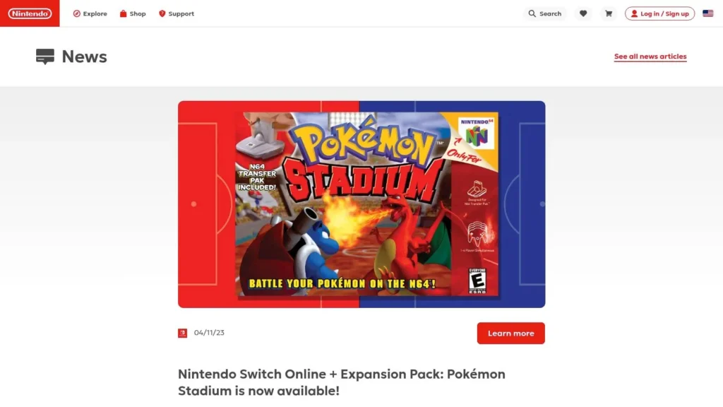 Top 7 Pokemon 2 Player Games: A 2026 Guide Nintendo news page announcing Pokémon Stadium for Nintendo Switch Online, featuring classic N64 game artwork.