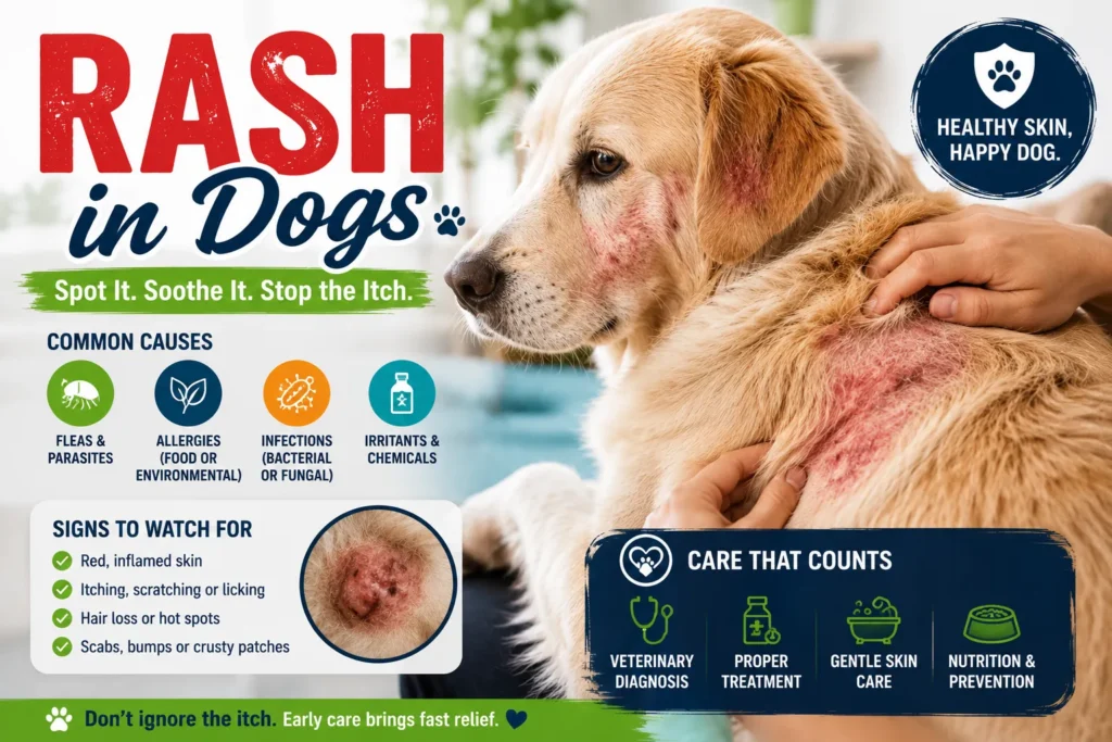 Golden retriever with skin rash symptoms, showing causes, warning signs, and treatment tips for healthy skin.