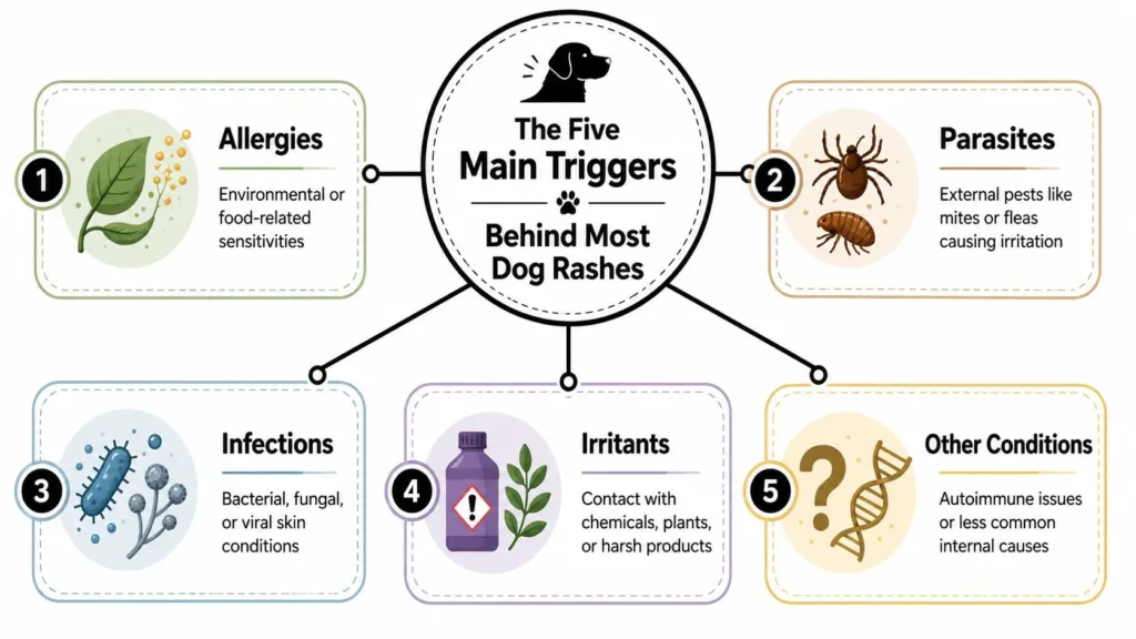 Rash in Dogs: A Pet Owner's Guide to Causes and Care Infographic showing five common causes of dog rashes: allergies, parasites, infections, irritants, and other conditions.