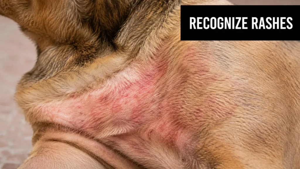 Rash in Dogs: A Pet Owner's Guide to Causes and Care Close-up of a dog with a red skin rash on the neck area, highlighting visible irritation and inflammation.