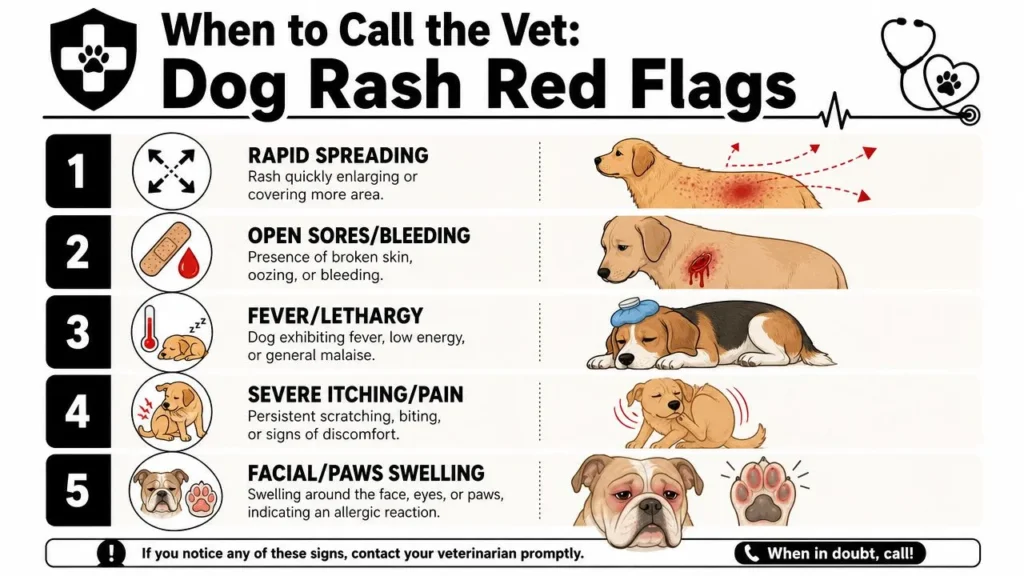 Rash in Dogs: A Pet Owner's Guide to Causes and Care Infographic showing dog rash warning signs: spreading rash, bleeding sores, fever, severe itching, and swelling.